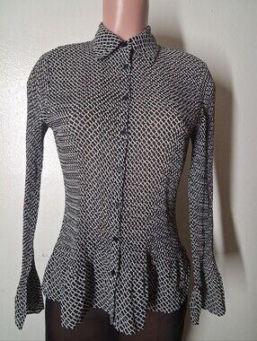 ​Apt. 9 Black White Geometric Print Button Up Peplum Top Blouse Size M